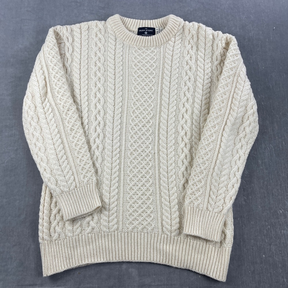 The Irish Store Mens Small Cream Sweater Merino Wool Cable Knit Aran Ireland